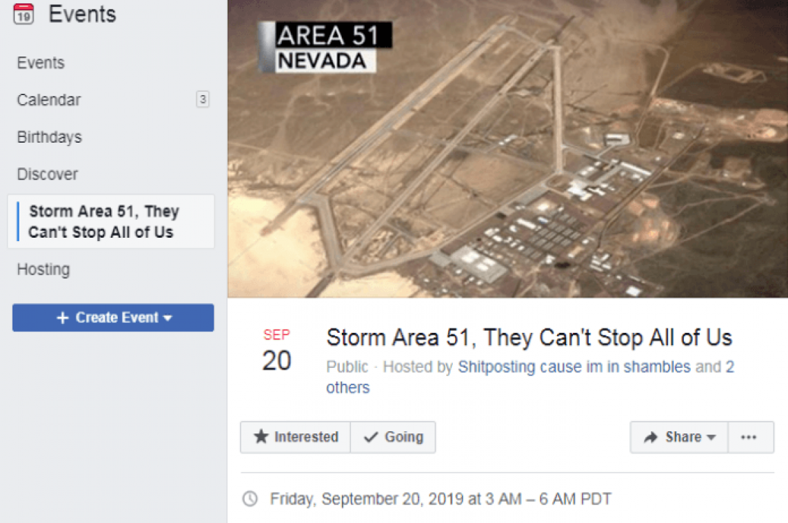 BIZAR. 1,7 miljoen Facebookers op 'aanwezig' voor Area 51-bestorming: "Grapje is wat uit de hand gelopen"
