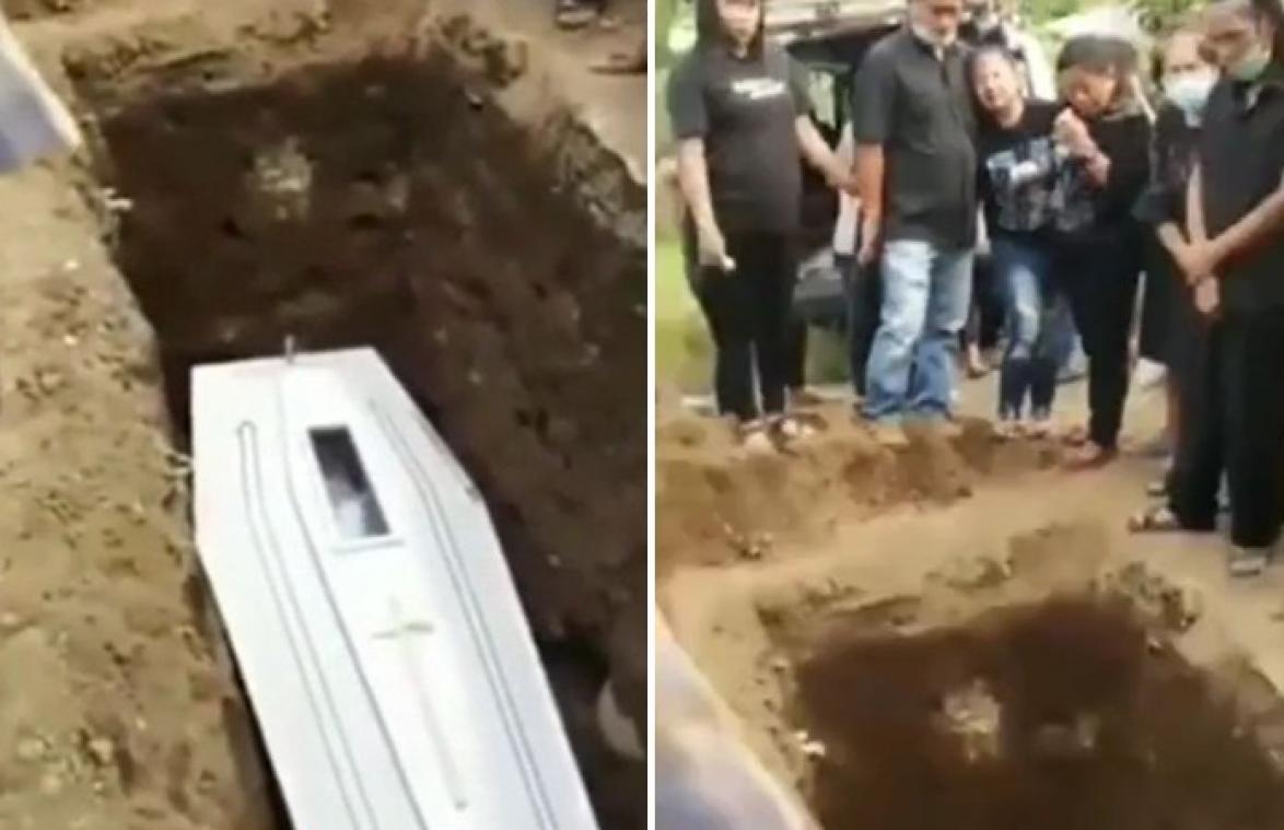 VIDEO. Overleden man lijkt te wuiven door raampje van doodskist tijdens begrafenis