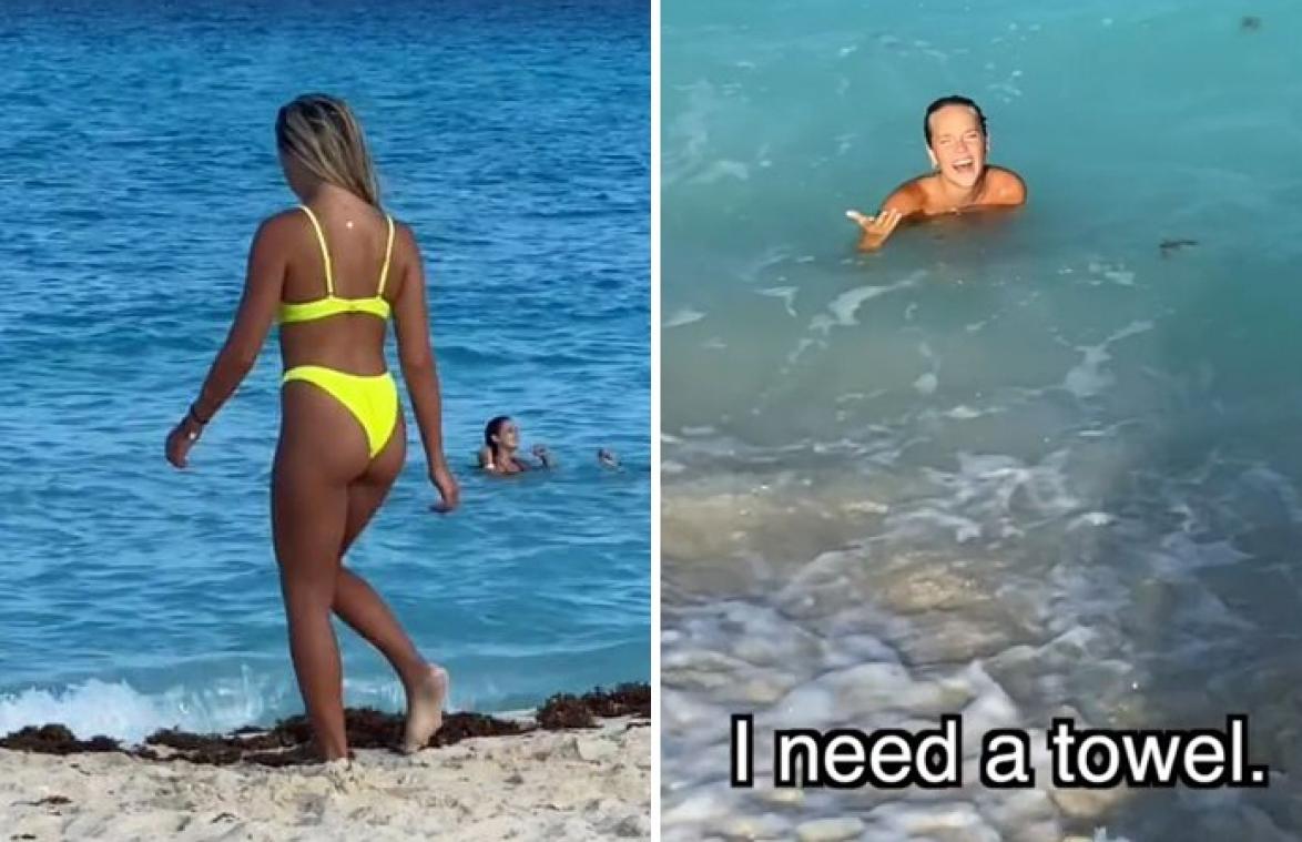 Vrouw draagt zonder het te beseffen OPLOSBARE bikini. En dan gaat ze de zee in... (video)