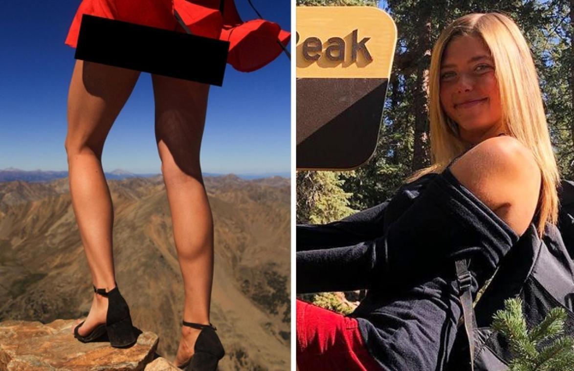 Jonge vrouw verbaast iedereen door met rokje en hoge hakken berg te beklimmen (foto's)