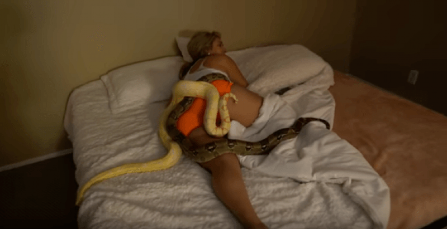 Man werpt pythons op slapende vriendin