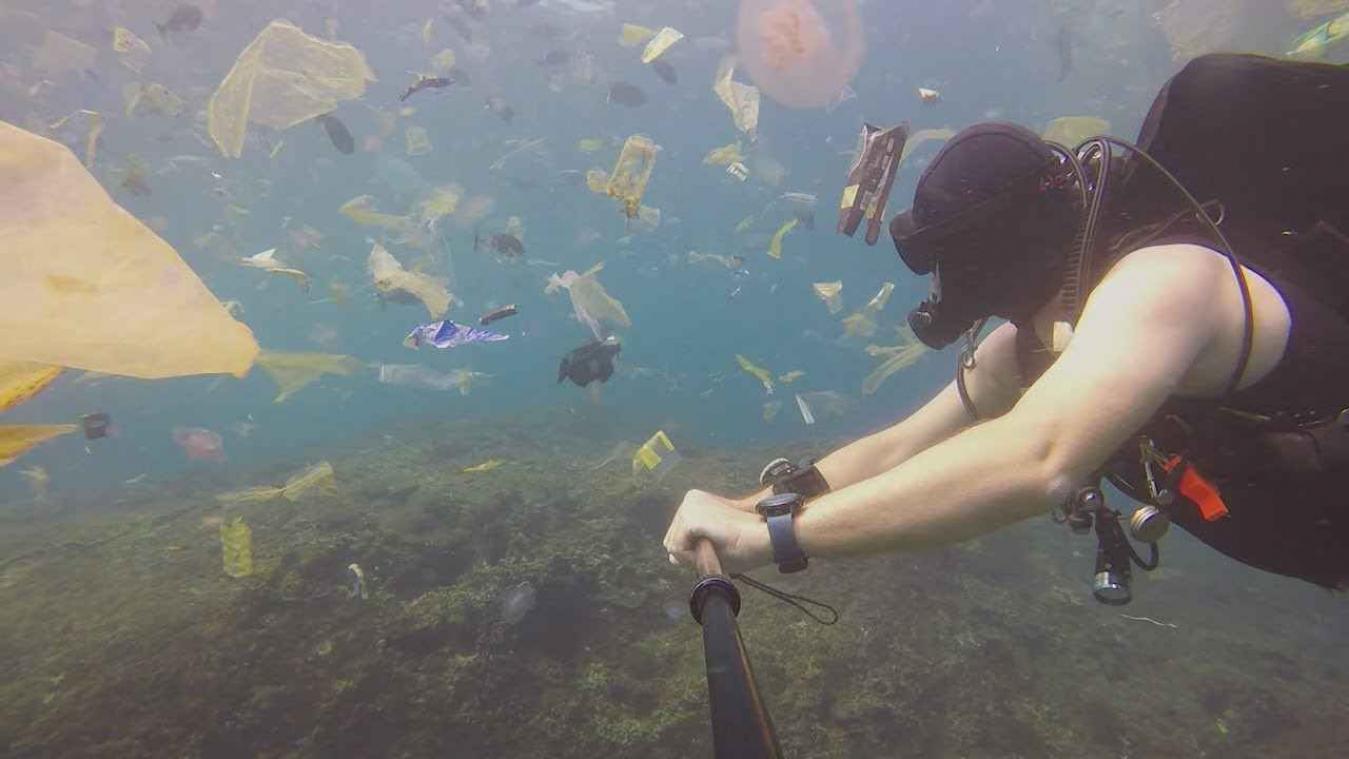 VIDEO. Duiker filmt zwempartij tussen tonnen afval