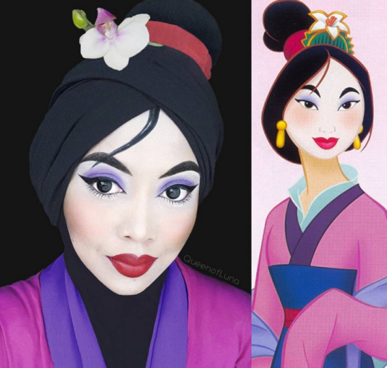 Make-upartiest transformeert zichzelf met een hoofddoek tot Disneyprinses