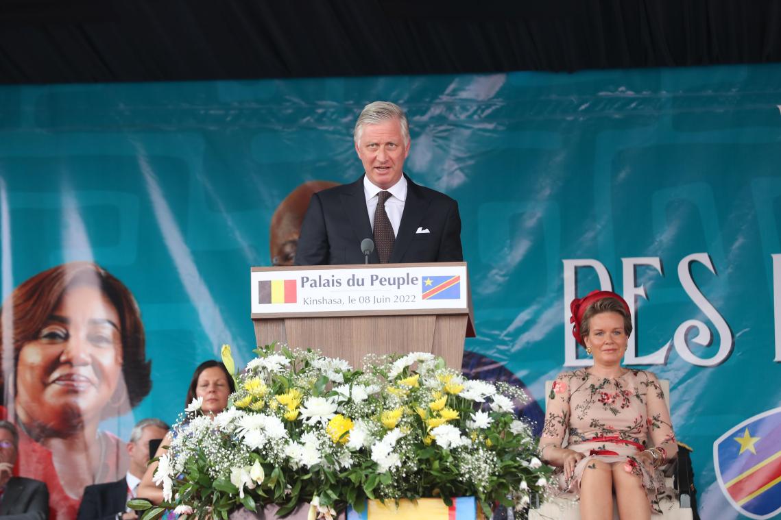 King Philippe - Filip of Belgium delivers a speech at a ceremony at the Esplanade of the 'Palais du Peuple', in Kinshasa, during an official visit of the Belgian Royal couple to the Democratic Republic of Congo, Wednesday 08 June 2022. The Belgian King and Queen will be visiting Kinshasa, Lubumbashi and Bukavu from June 7th to June 13th.

BELGA PHOTO NICOLAS MAETERLINCK