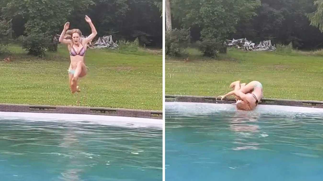 Vrouw probeert in zwembad te springen, maar maakt PIJNLIJKE inschattingsfout (video)