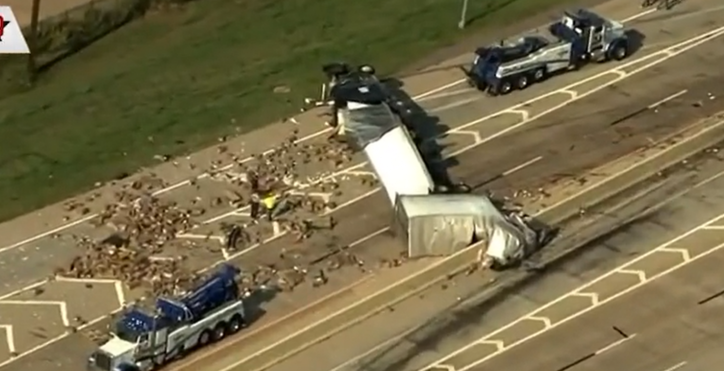 OEPS. Vrachtwagen crasht en stort glijmiddel en dildo’s op de autosnelweg
